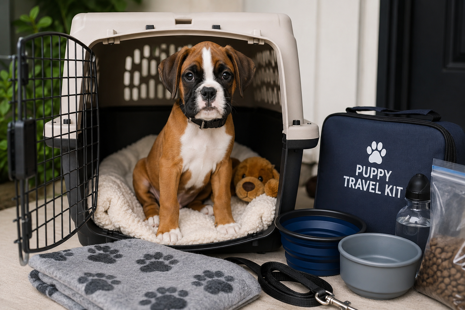 Boxer puppy prepared for safe pickup or transportation